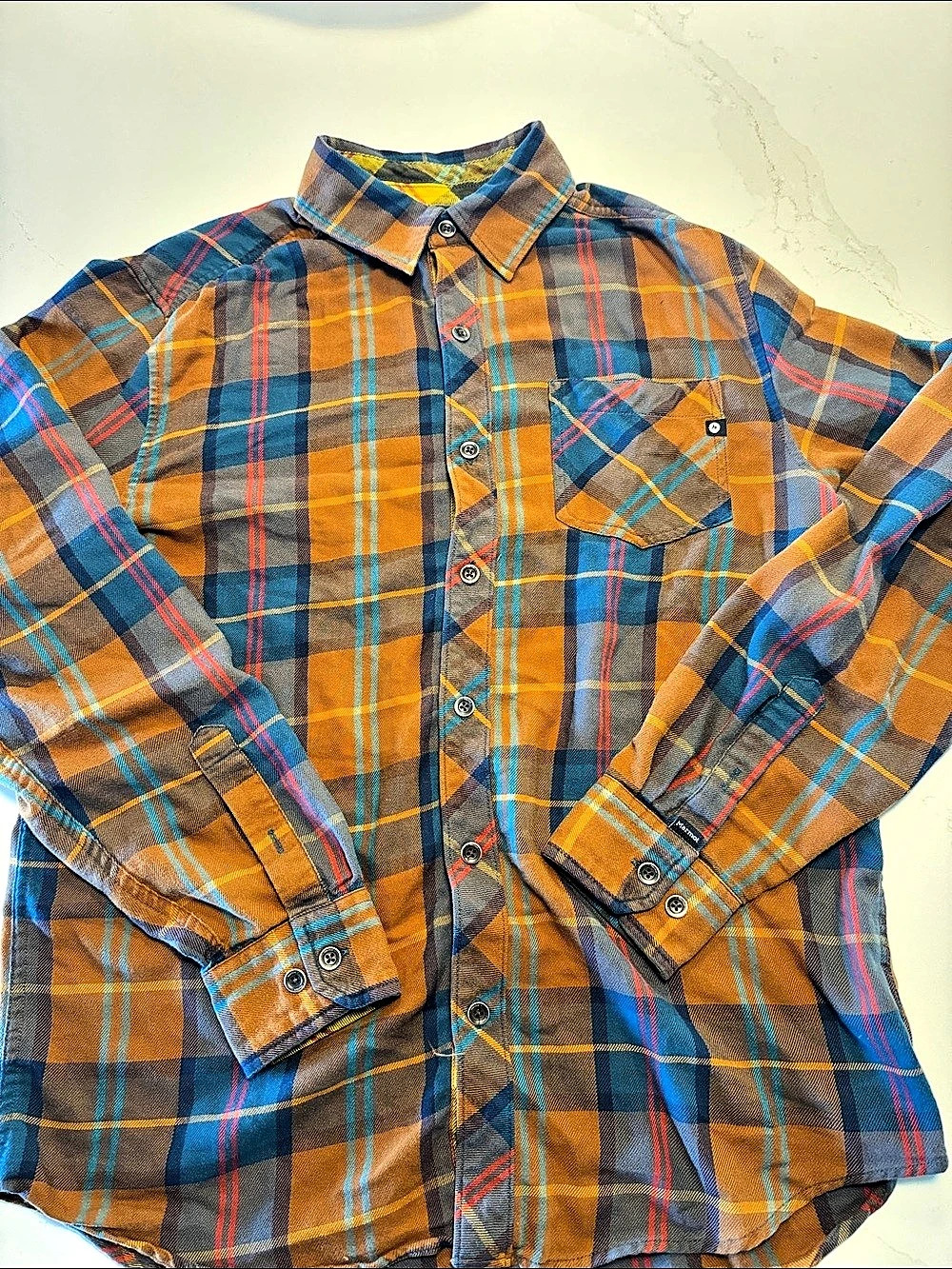 Marmot Plaid Cotton Button Down in Orange & Blue Medium Like New